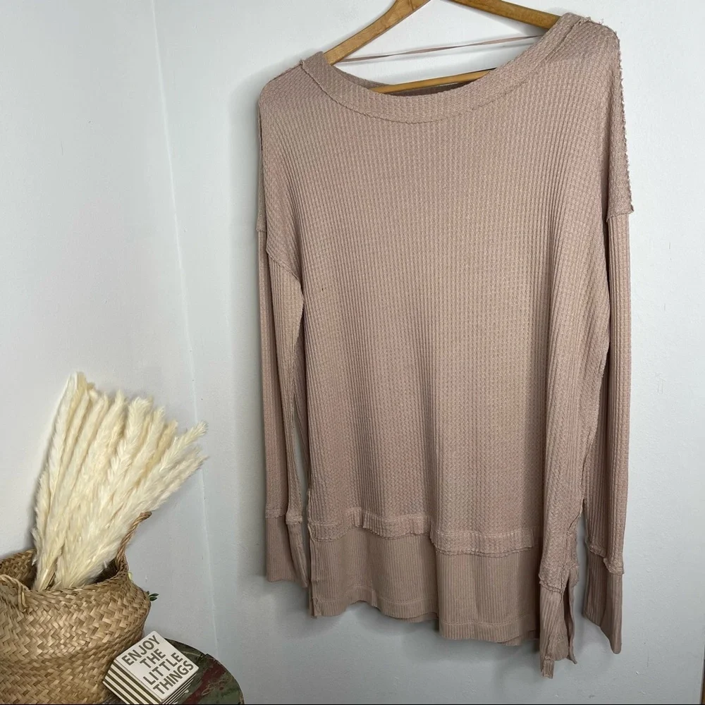 Free People Sand North Shore Thermal Knit Tunic Top  Oversized Sz L